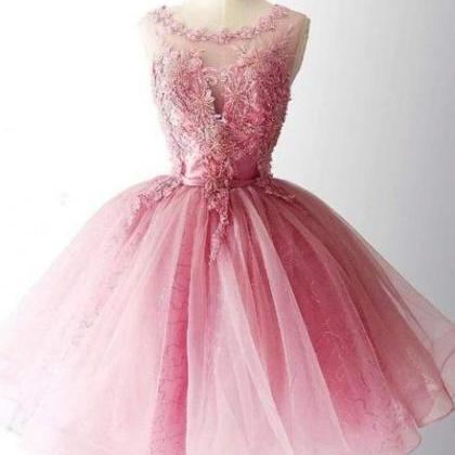 Pink Tulle With Lace Round Neckline Knee Length..