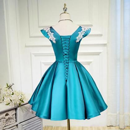 Teal Blue Satin Short Party Dress With White Lace,..