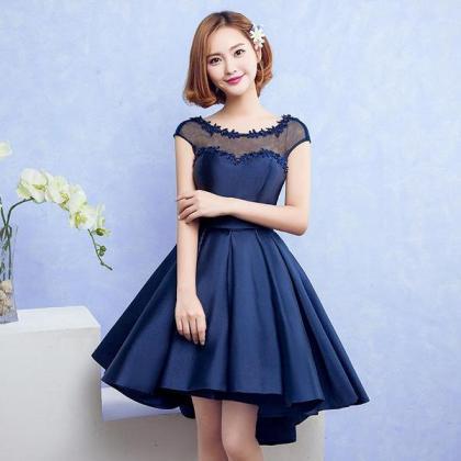 Navy Blue Satin Homecoming Dress With Lace..