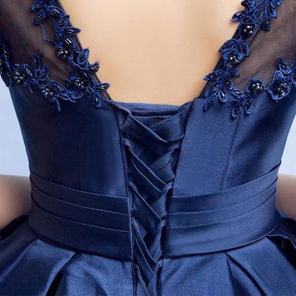 Navy Blue Satin Homecoming Dress With Lace..