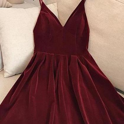 Wine Red Velvet Short V Back Homecoming Dress..
