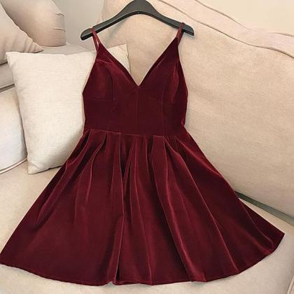 Wine Red Velvet Short V Back Homecoming Dress..