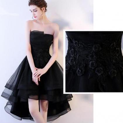 Black Tulle Flowers Lace High Low Strapless..