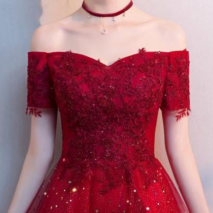 Red Shiny Tulle And Satin Off Shoulder Short..