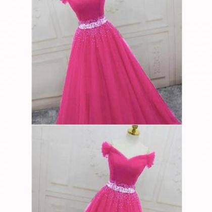 Pink Sweetheart Beaded Tulle Off Shoulder Long..