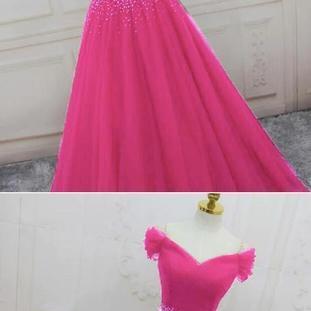 Pink Sweetheart Beaded Tulle Off Shoulder Long..
