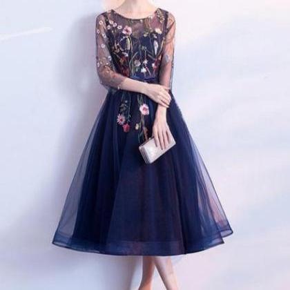 Navy Blue Lace Floral Tulle Tea Length Wedding..