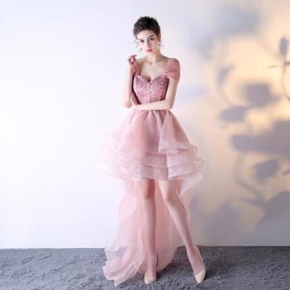Pink Organza Off Shoulder Layers High Low Lace..