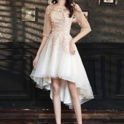 Light Champagne Lace Applique Short Sleeves High..
