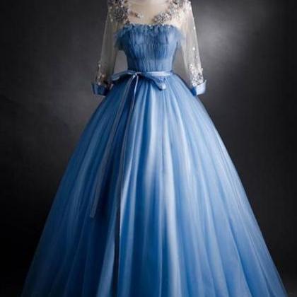 Blue Tulle Long Sleeves Formal Dress With Flower..