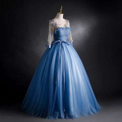 Blue Tulle Long Sleeves Formal Dress With Flower..
