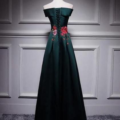Dark Green Satin Long Party Dress With Embroidery,..
