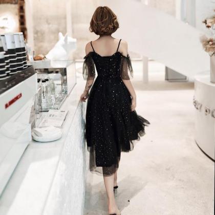 Shiny Black Off Shoulder Tea Length Party Dress..