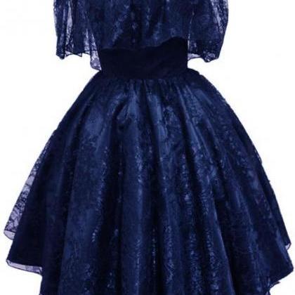 Navy Blue Lace Short Off Shoulder Prom Dress Party..