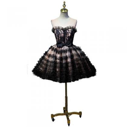Lovely Pink And Black Short Party Dress With Bow,..