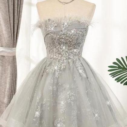 Lovely Grey Tulle With Shiny Lace Short Party..