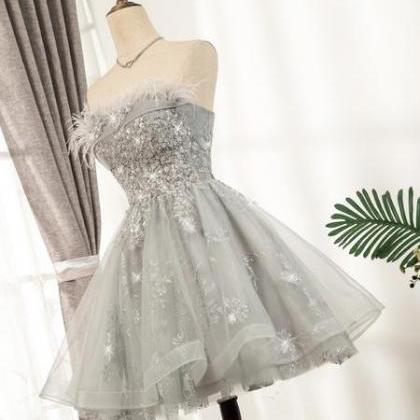 Lovely Grey Tulle With Shiny Lace Short Party..