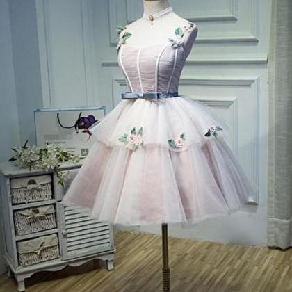 Cute Pink Tulle Short Flowers Lace Layers Formal..