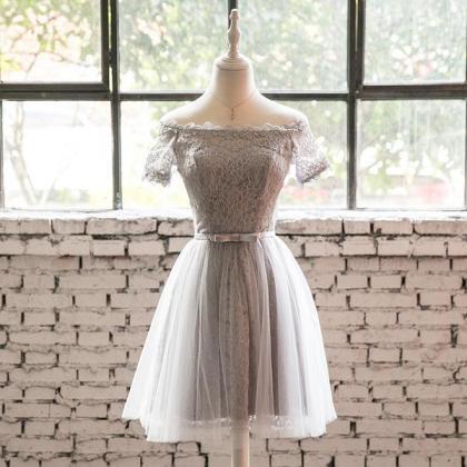 Grey Lace Tulle Short Sleeves Homec..