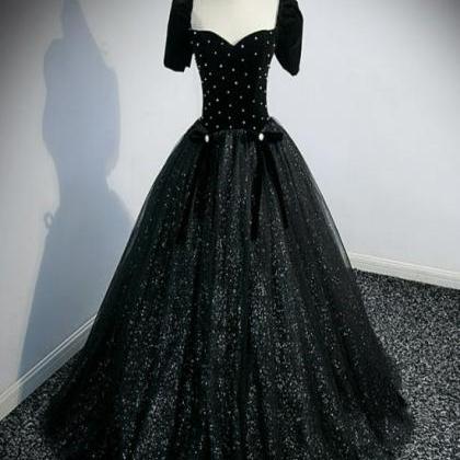 Black Short Sleeves Shiny Tulle Long Party..