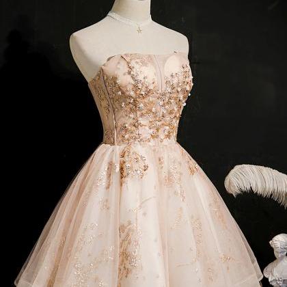 Champagne Strapless Sequins Tulle Short Homecoming..