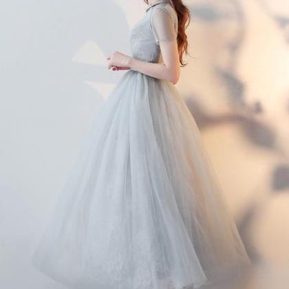 Grey Lulle Lace Formal Dress,tea Length A-line..