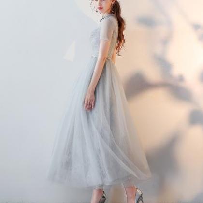 Grey Lulle Lace Formal Dress,tea Length A-line..