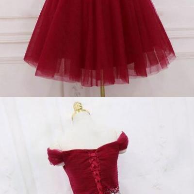 Lovely Wine Red Homecoming Dresses, Off Shoulder Short Senior Prom Dress With Sequins 2019