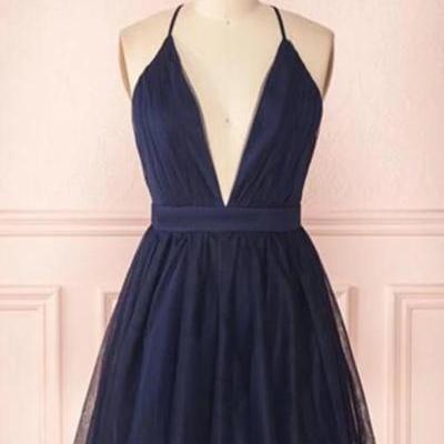 Spaghetti V-neck Navy Blue Short Prom Dress Tulle Homecoming Dresses