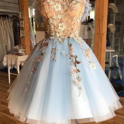 Pretty Lace Up Appliques Short Prom Dress Cute Light Blue Homecoming Dress