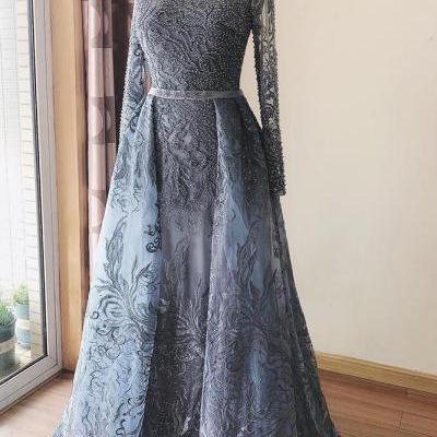 Full Lace Long Sleeves Evening Dress Prom Dress Mermaid O-neck Crystal Handmade Blue Arabic Formal Party Gown
