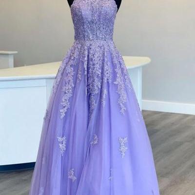 Purple Tulle Long O Neck Strapless Prom Dress, Custom Size Evening Dress