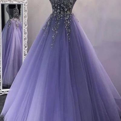 Pretty Purple Tulle V neck Beaded Sequins Long Dress Formal Dress Prom Dress