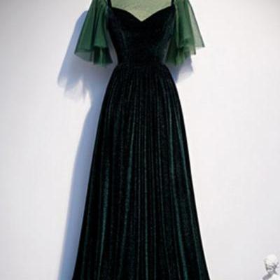 Deep Green Tulle Velvet Cap Sleeve Long Dress Customize Formal Prom Dress