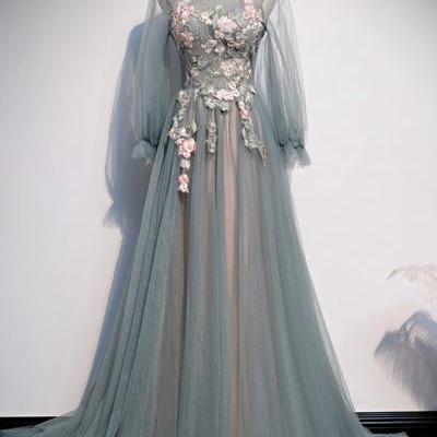 Green Tulle O Neck Long A Line Lace Applique Formal Prom Dress With Sleeve