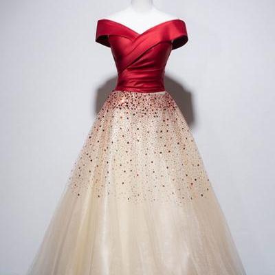 Red Satin V Neck Off Shoulder Long Sequins Prom Dress, Evening Dress