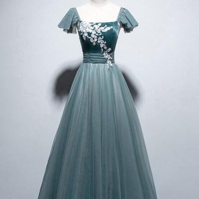 Green Tulle Velvet Cap Sleeve Ankle Length Prom Dress, Party Dress With Applique