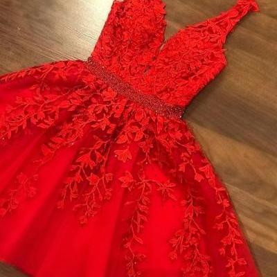 Cute V Neck Short Red Lace Prom Dresses with Belt,Red Lace Formal Graduation Homecoming Dresses