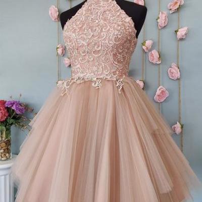 Halter Neck Open Back Champagne Lace Short Prom Dresses,Champagne Lace Formal Graduation Homecoming Dresses