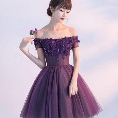 Cute A line purple off shoulder short prom dress,homecoming dress