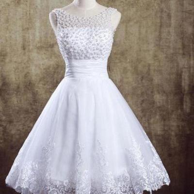 White round neck lace short prom dress,white evening dress