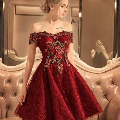 Burgundy lace off shoulder short prom dress,lace evening dress