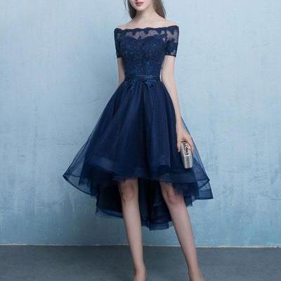 Dark blue lace tulle short prom dress,high low evening dress