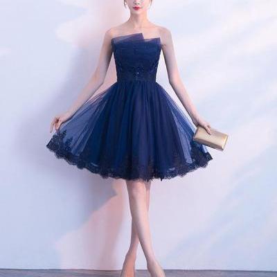 Cute dark blue tulle lace short prom dress,homecoming dress