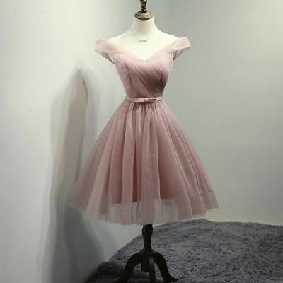 Simple v neck tulle off shoulder short prom dress pink homecoming dress