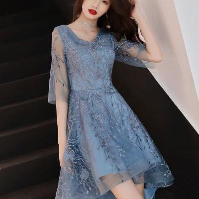 Blue v neck tulle lace high neck prom dress,blue lace homecoming dress