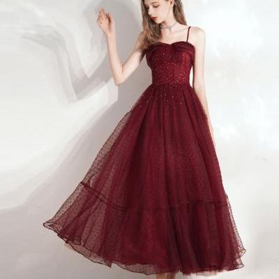 Burgundy sweetheart tulle lace tea length prom dress, evening dress