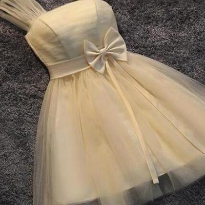 Lovely Champagne Tulle Cute Teen Party Dress with Bow, Straps Tulle Formal Dresses