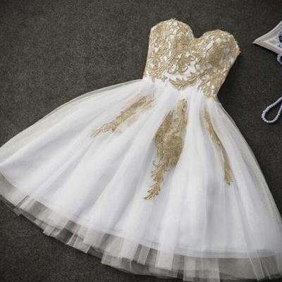 Cute White Tulle Party Dress with Gold Applique, Prom Dresses, Short Prom Dresses