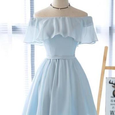 Simple Light Blue Off Shoulder Formal Dress , Short Party Dresses